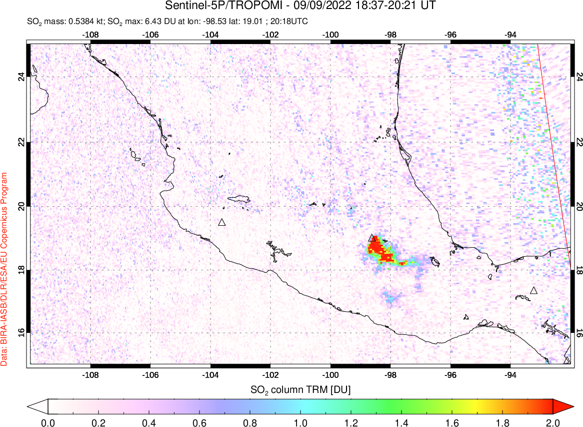 A sulfur dioxide image over Mexico on Sep 09, 2022.