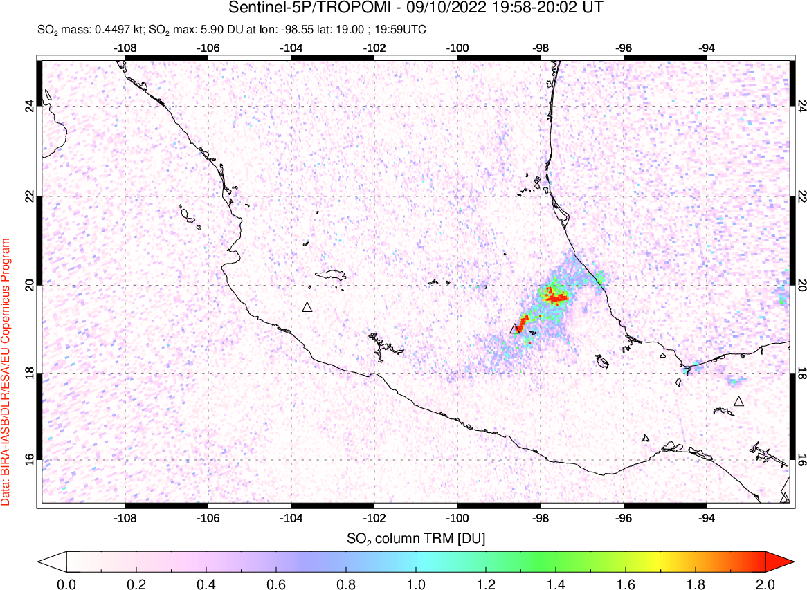 A sulfur dioxide image over Mexico on Sep 10, 2022.