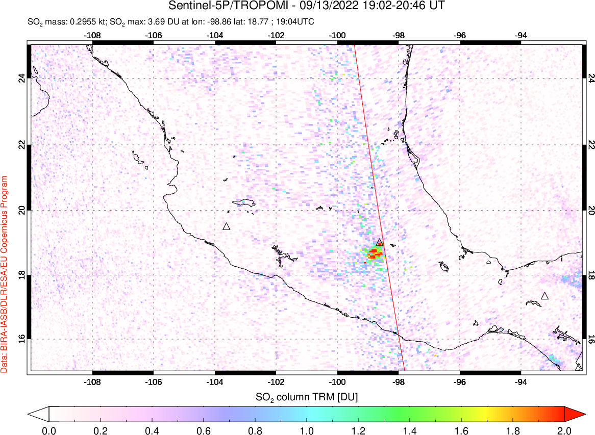 A sulfur dioxide image over Mexico on Sep 13, 2022.