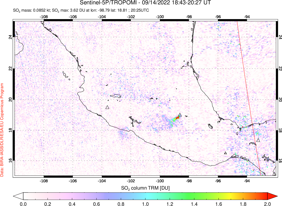 A sulfur dioxide image over Mexico on Sep 14, 2022.