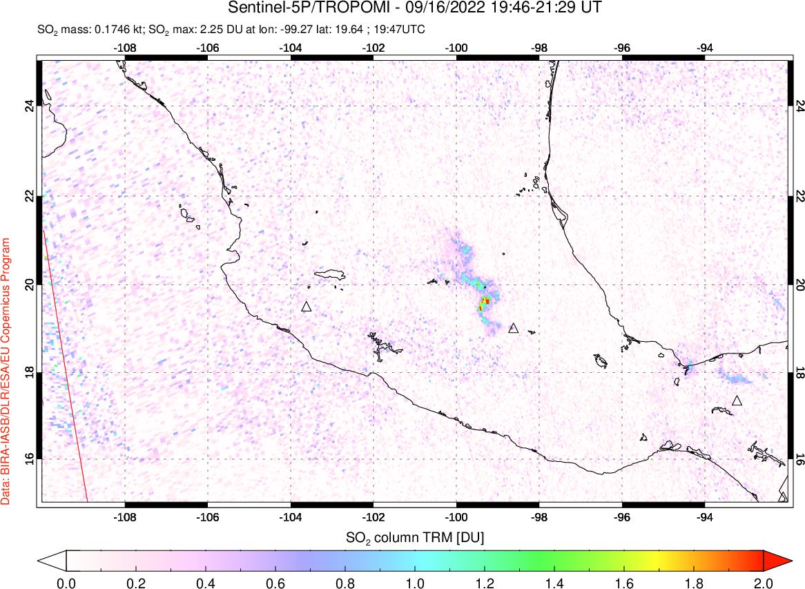 A sulfur dioxide image over Mexico on Sep 16, 2022.