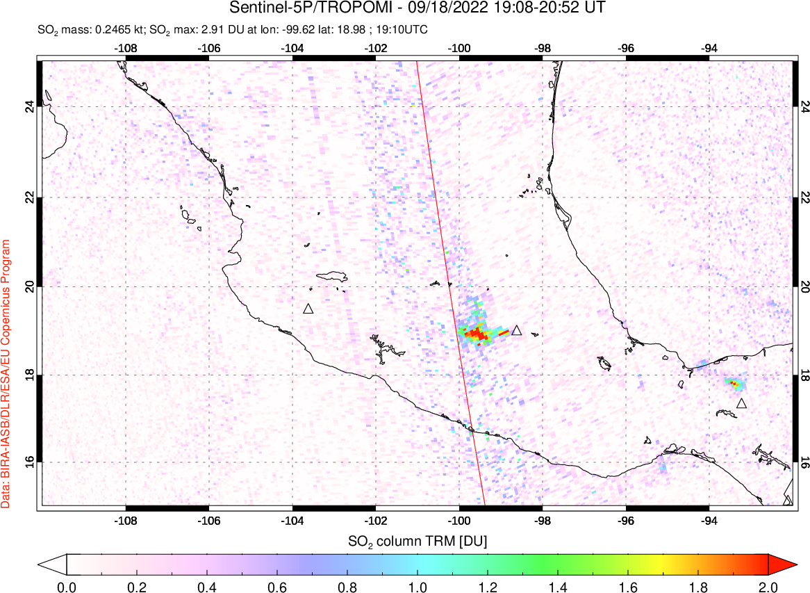 A sulfur dioxide image over Mexico on Sep 18, 2022.