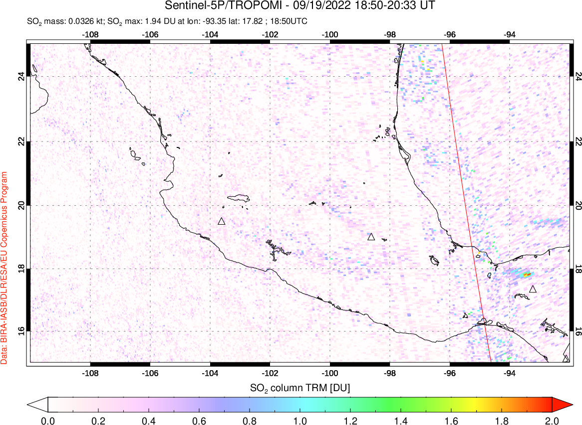 A sulfur dioxide image over Mexico on Sep 19, 2022.