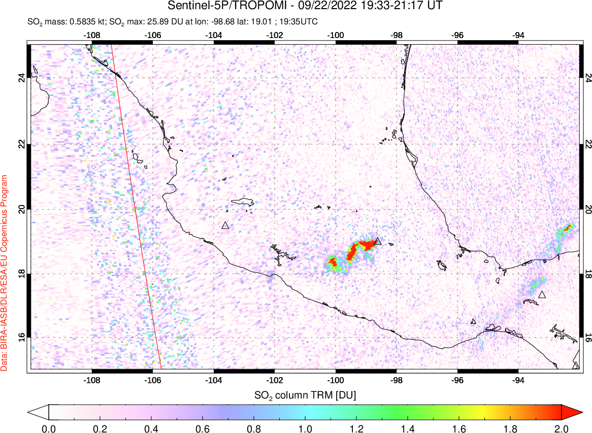 A sulfur dioxide image over Mexico on Sep 22, 2022.