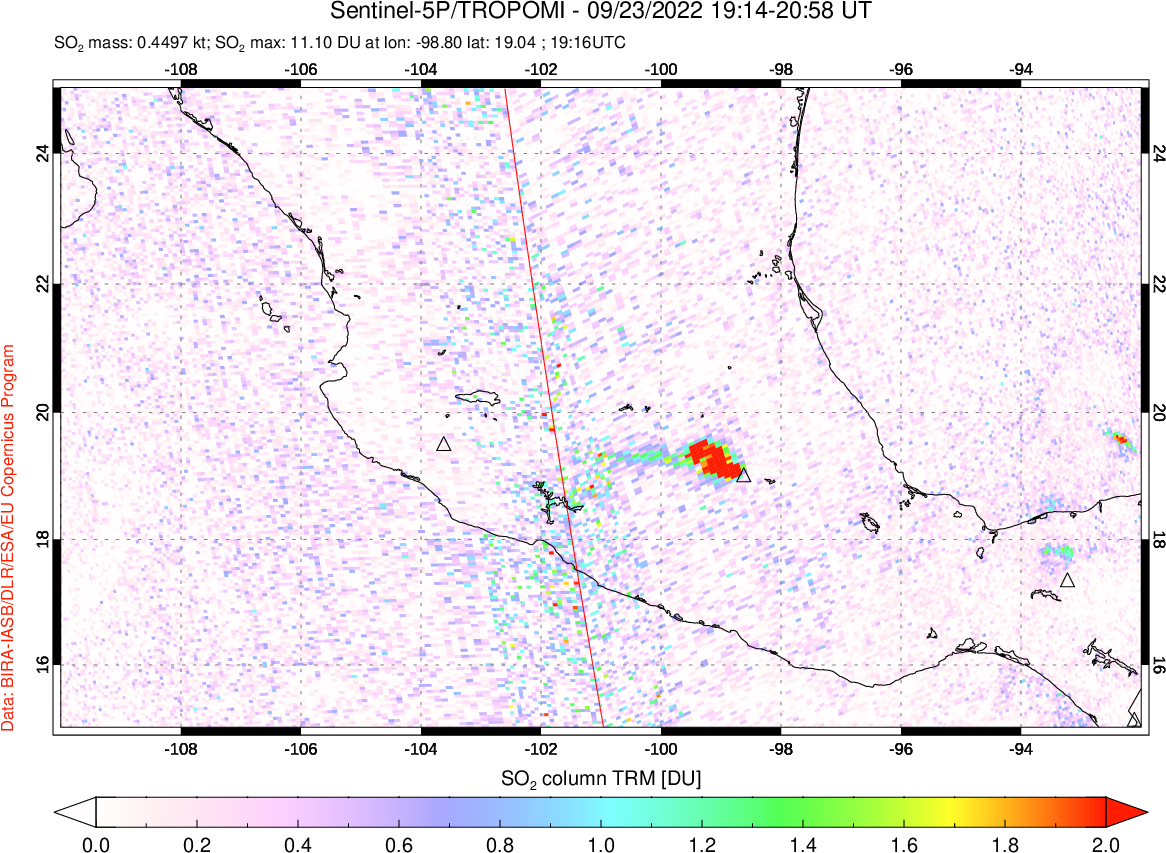 A sulfur dioxide image over Mexico on Sep 23, 2022.