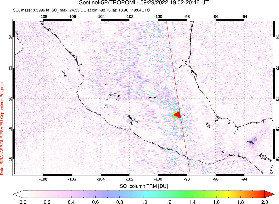 A sulfur dioxide image over Mexico on Sep 29, 2022.