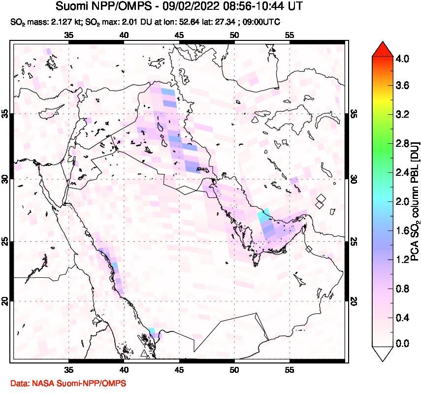 A sulfur dioxide image over Middle East on Sep 02, 2022.