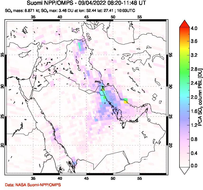 A sulfur dioxide image over Middle East on Sep 04, 2022.