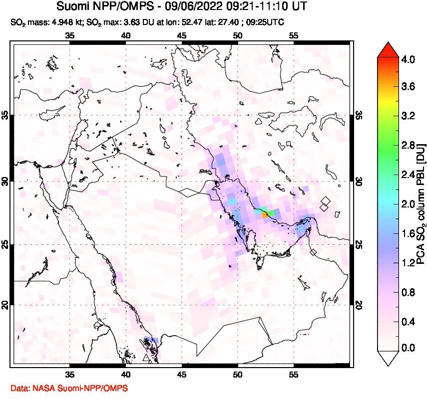A sulfur dioxide image over Middle East on Sep 06, 2022.