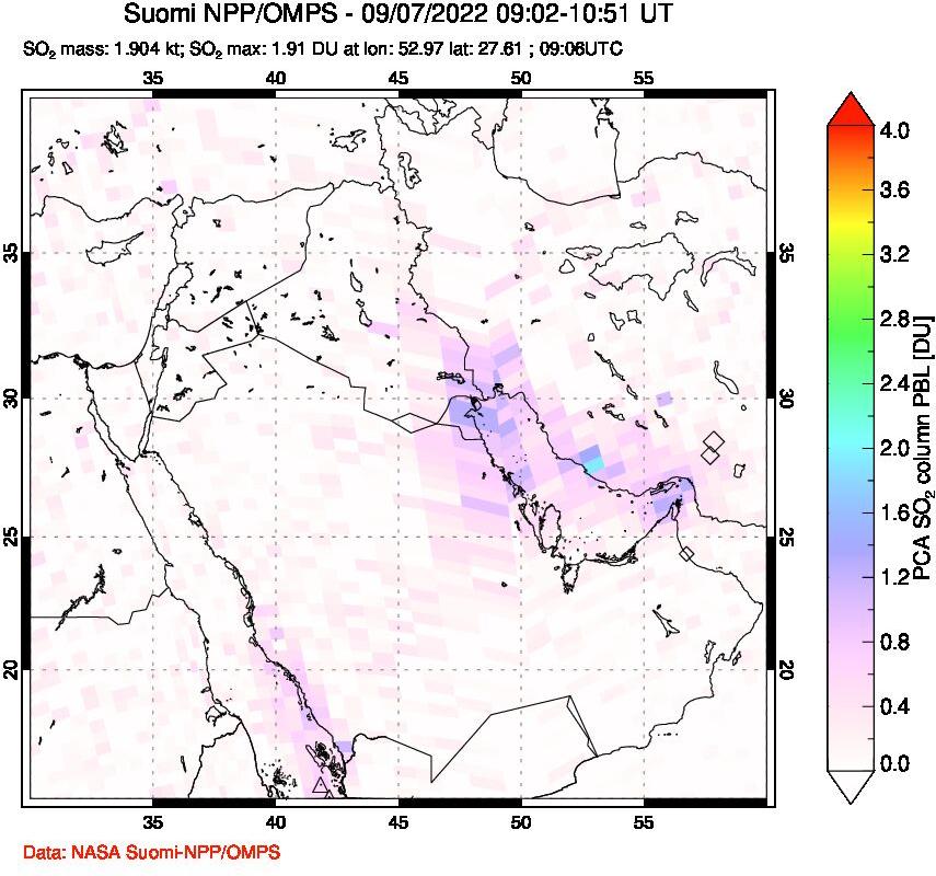 A sulfur dioxide image over Middle East on Sep 07, 2022.