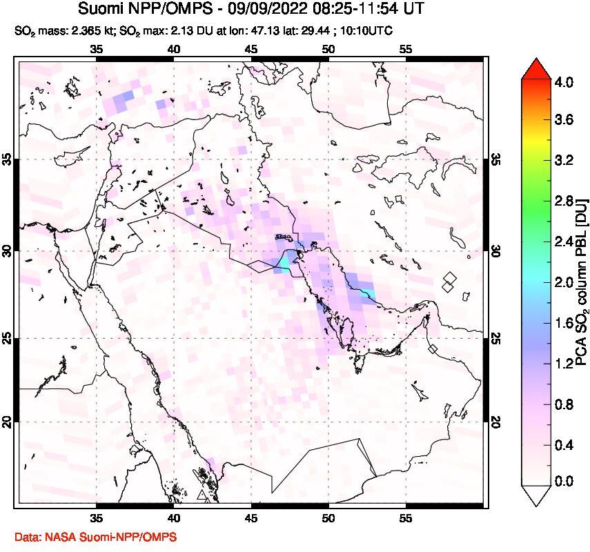 A sulfur dioxide image over Middle East on Sep 09, 2022.