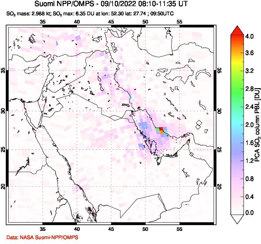 A sulfur dioxide image over Middle East on Sep 10, 2022.
