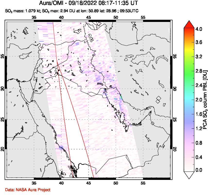 A sulfur dioxide image over Middle East on Sep 18, 2022.