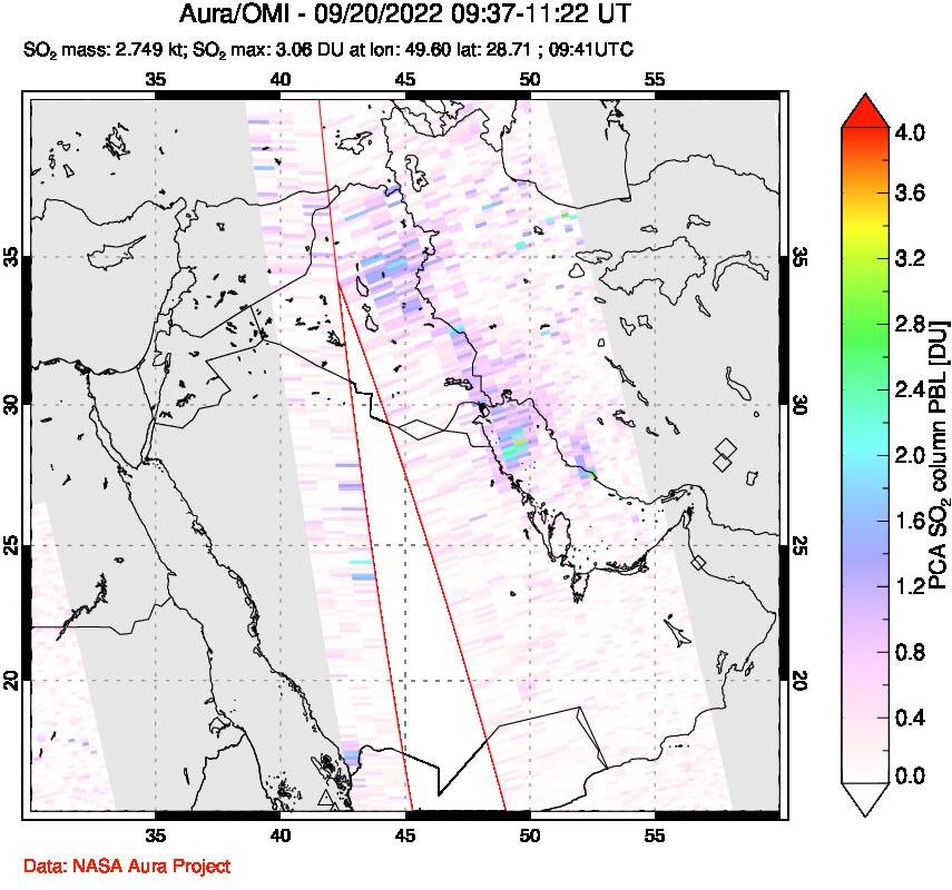 A sulfur dioxide image over Middle East on Sep 20, 2022.