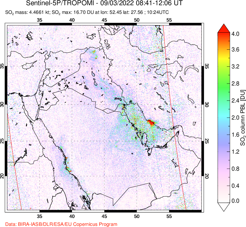 A sulfur dioxide image over Middle East on Sep 03, 2022.