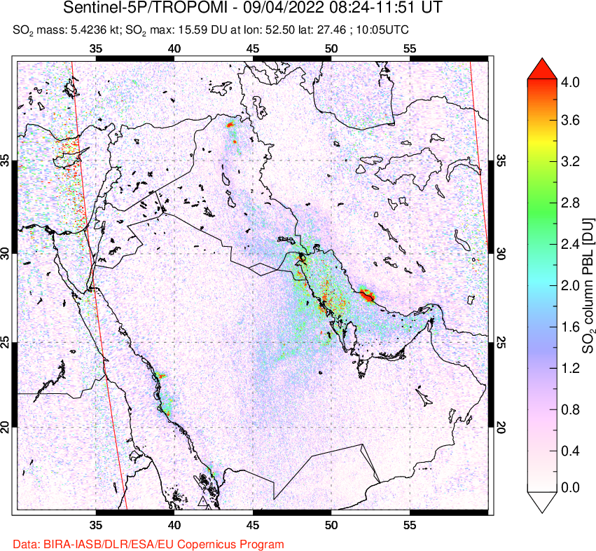 A sulfur dioxide image over Middle East on Sep 04, 2022.