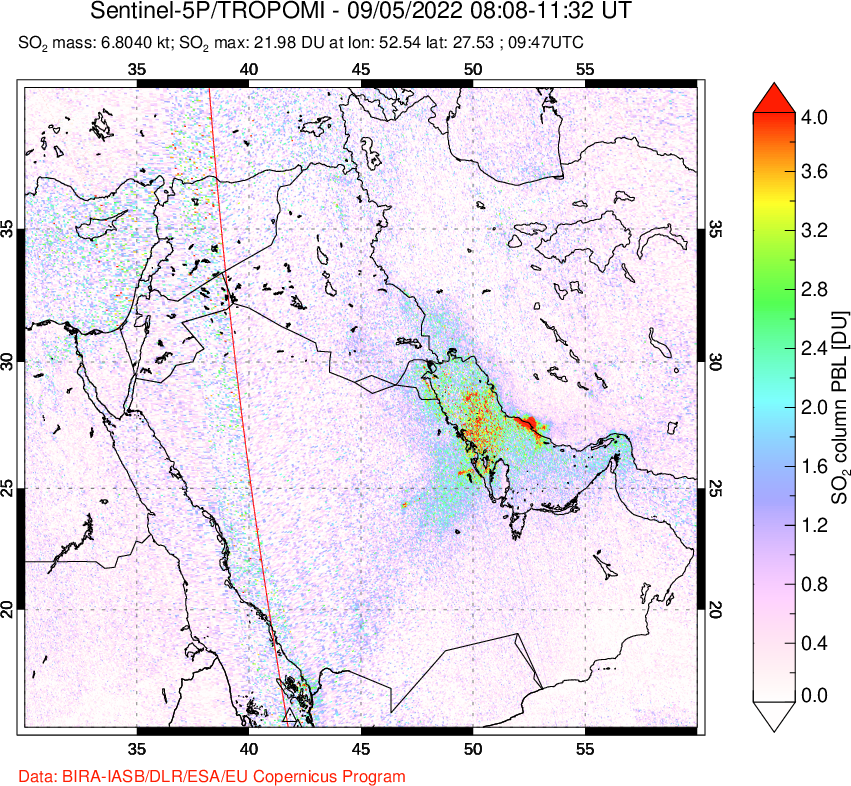 A sulfur dioxide image over Middle East on Sep 05, 2022.