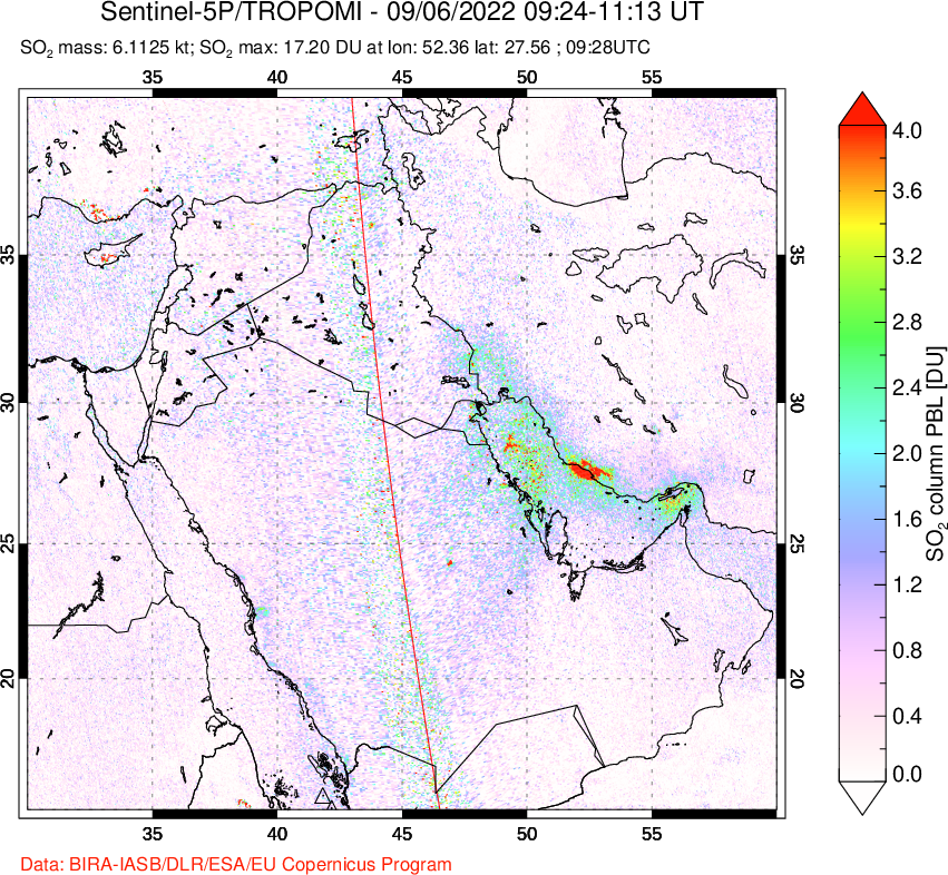 A sulfur dioxide image over Middle East on Sep 06, 2022.
