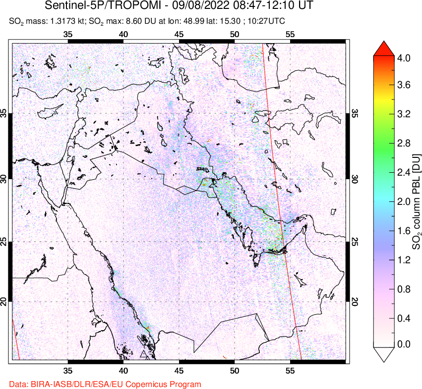 A sulfur dioxide image over Middle East on Sep 08, 2022.