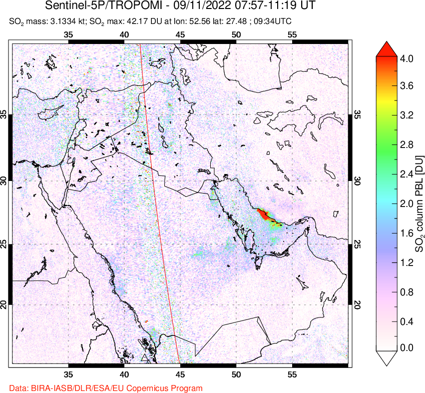 A sulfur dioxide image over Middle East on Sep 11, 2022.
