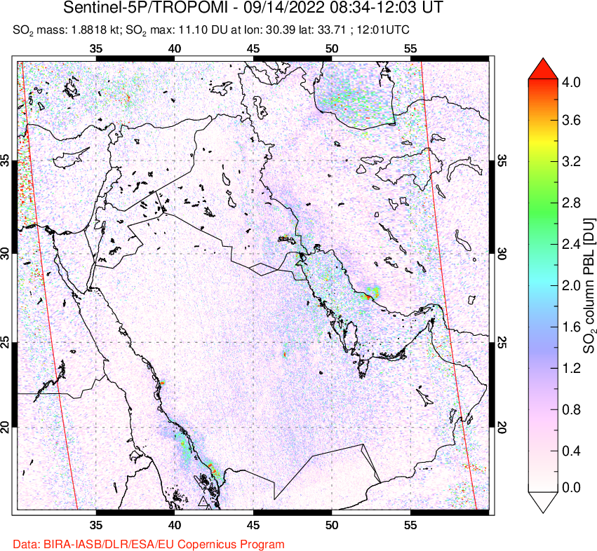 A sulfur dioxide image over Middle East on Sep 14, 2022.