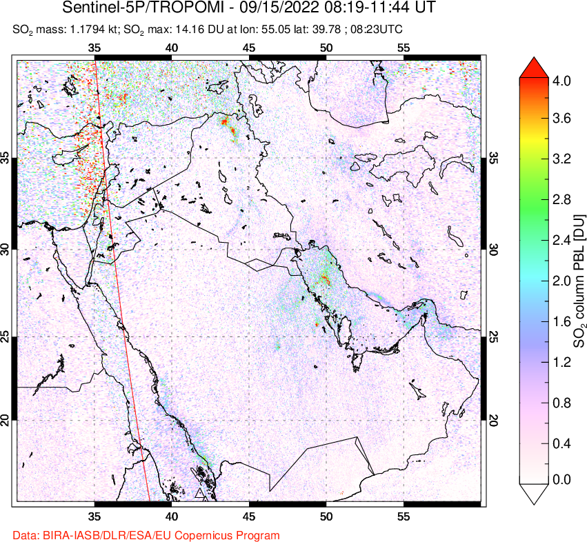 A sulfur dioxide image over Middle East on Sep 15, 2022.