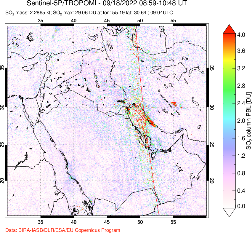 A sulfur dioxide image over Middle East on Sep 18, 2022.
