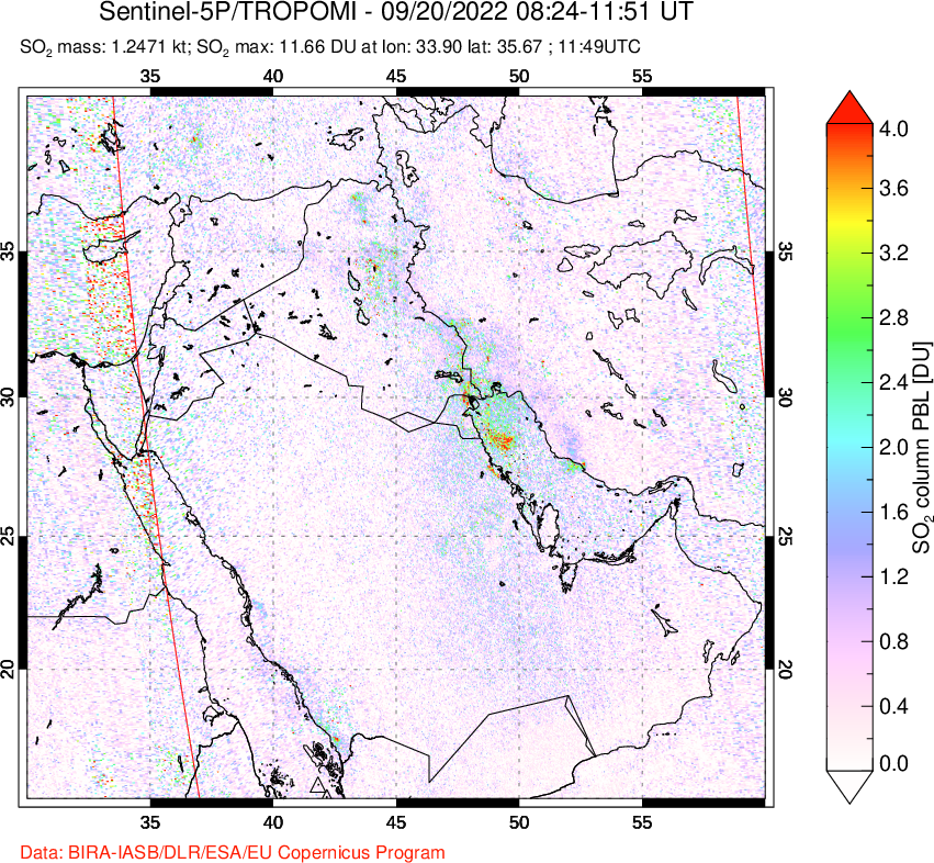 A sulfur dioxide image over Middle East on Sep 20, 2022.