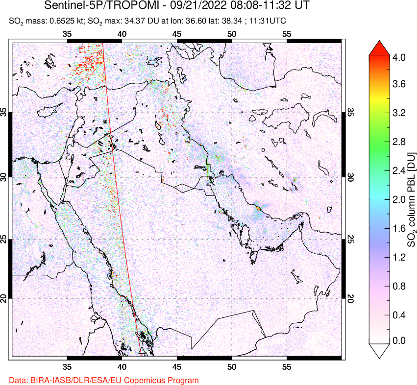 A sulfur dioxide image over Middle East on Sep 21, 2022.