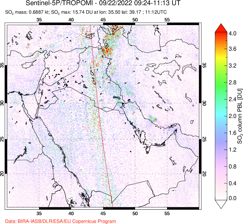 A sulfur dioxide image over Middle East on Sep 22, 2022.