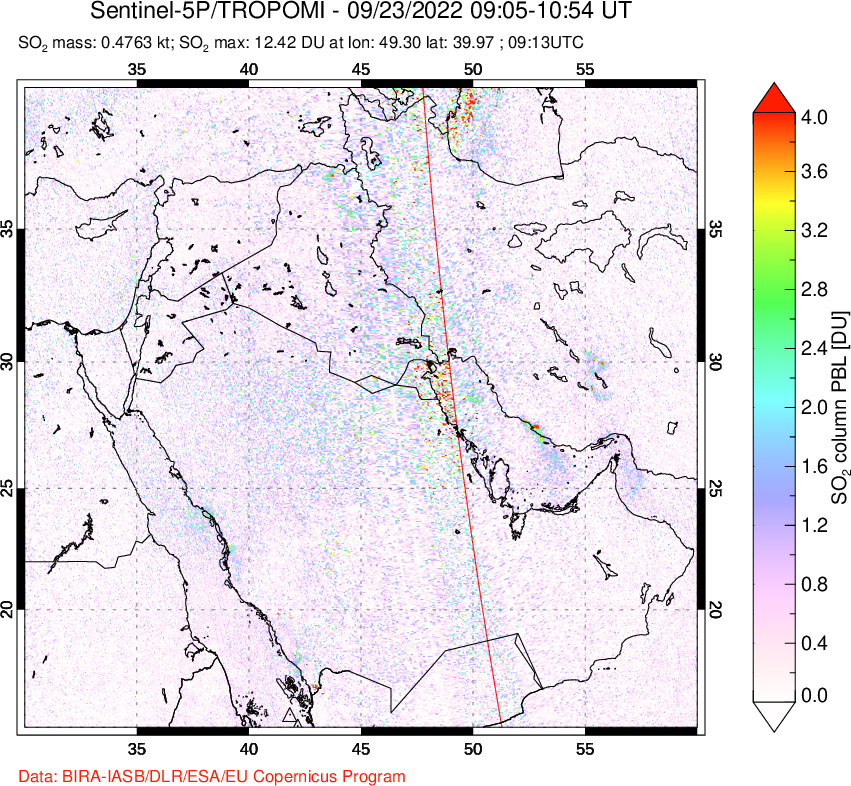 A sulfur dioxide image over Middle East on Sep 23, 2022.