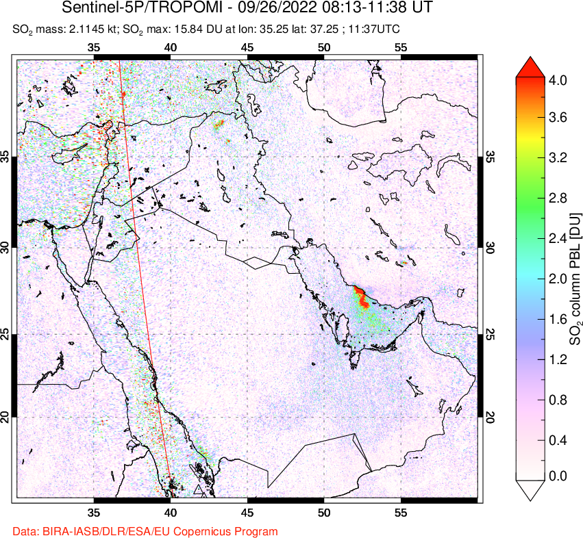 A sulfur dioxide image over Middle East on Sep 26, 2022.