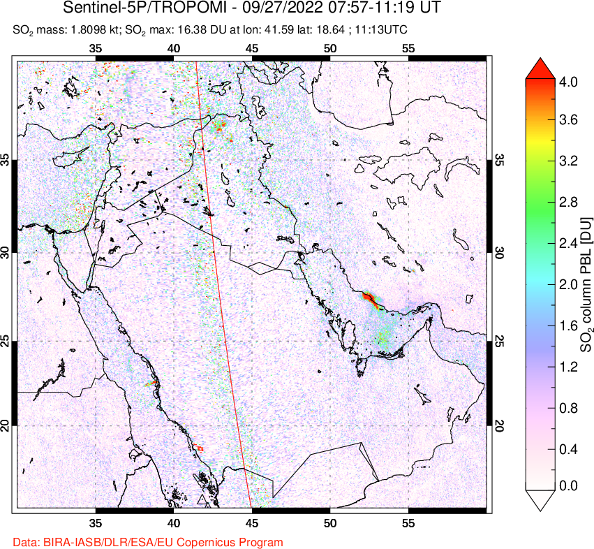 A sulfur dioxide image over Middle East on Sep 27, 2022.