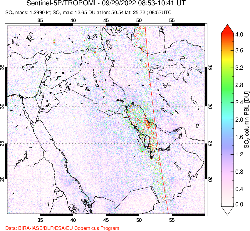 A sulfur dioxide image over Middle East on Sep 29, 2022.