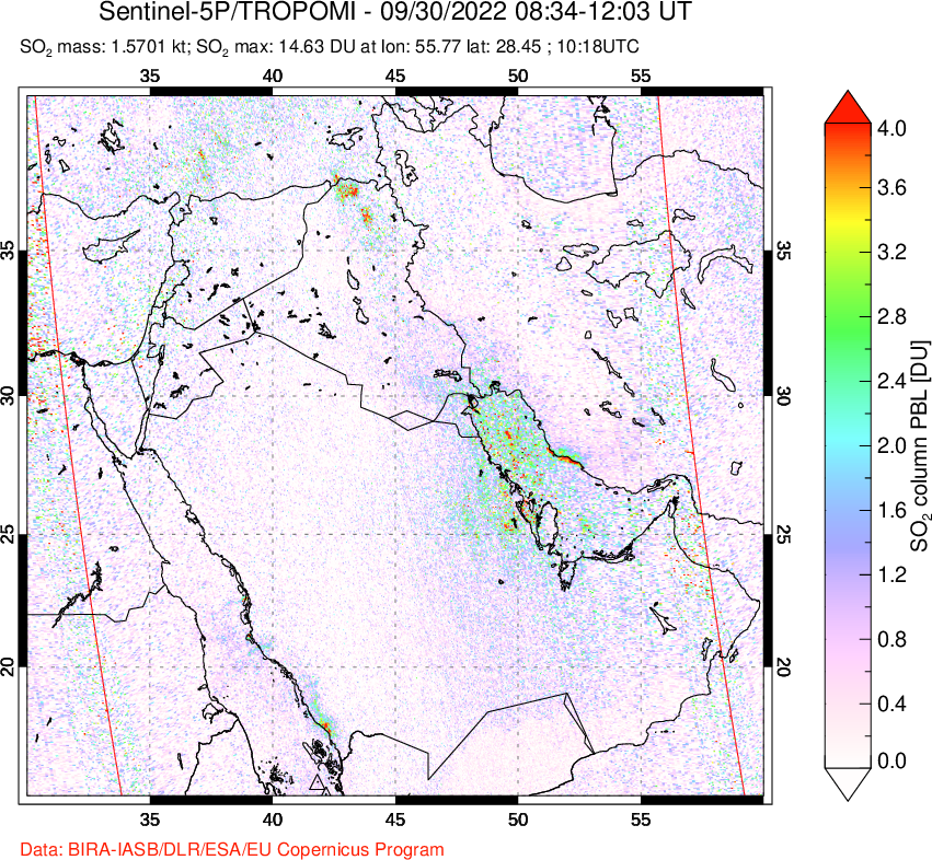 A sulfur dioxide image over Middle East on Sep 30, 2022.