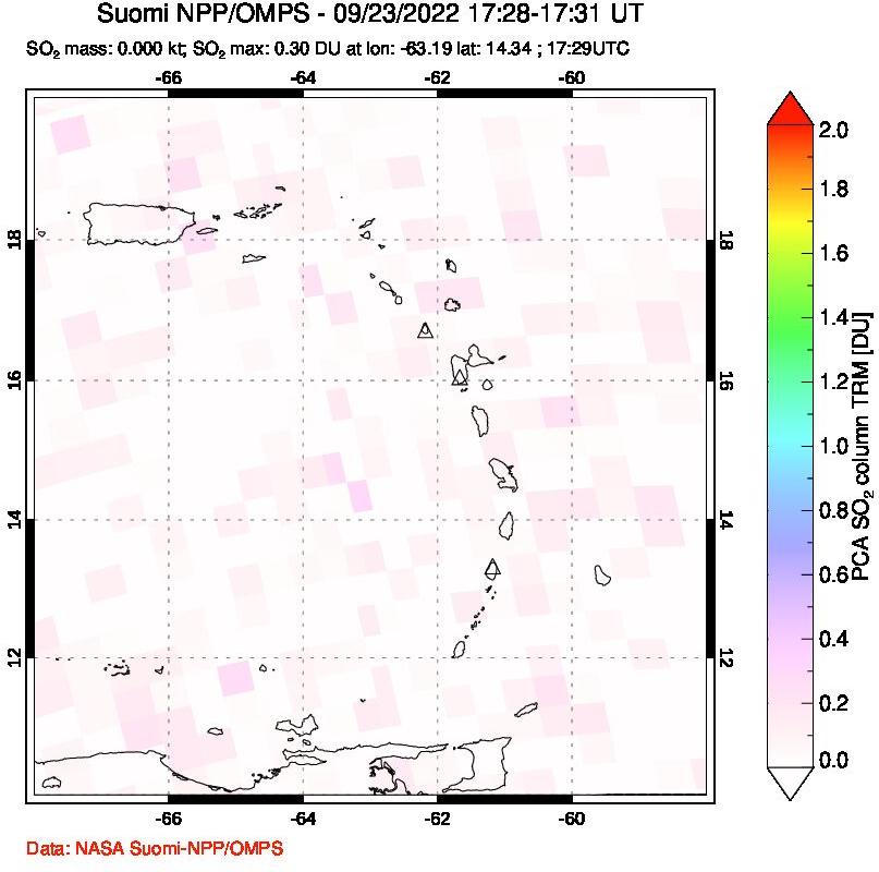 A sulfur dioxide image over Montserrat, West Indies on Sep 23, 2022.