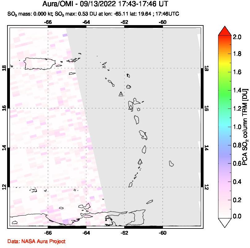 A sulfur dioxide image over Montserrat, West Indies on Sep 13, 2022.