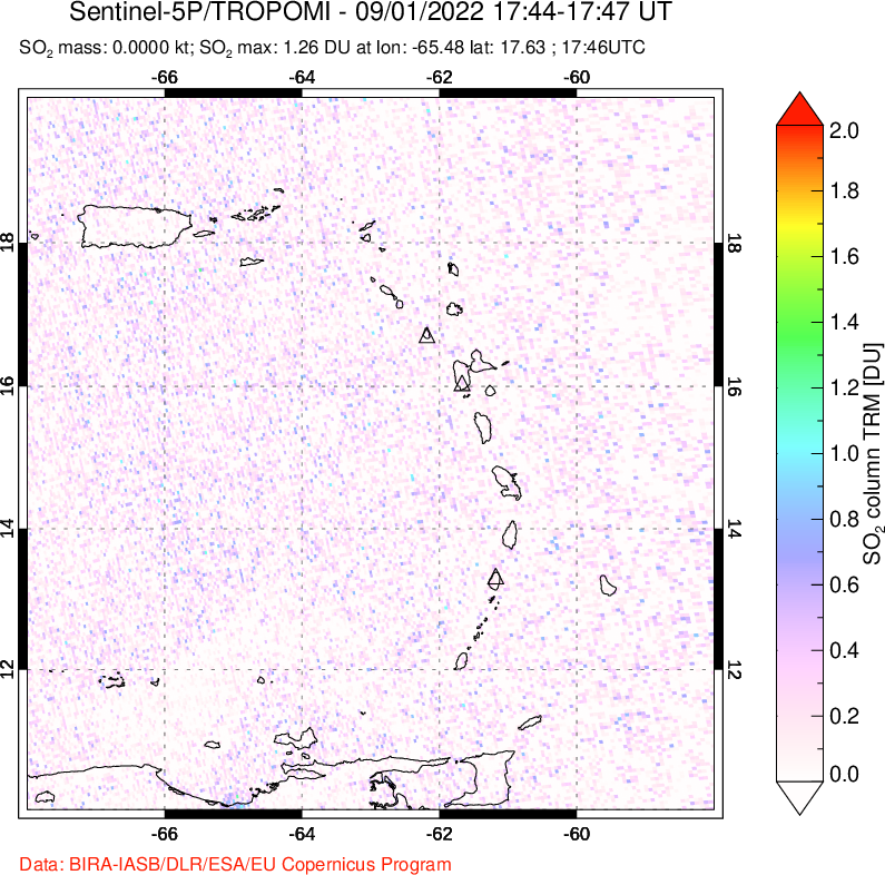 A sulfur dioxide image over Montserrat, West Indies on Sep 01, 2022.