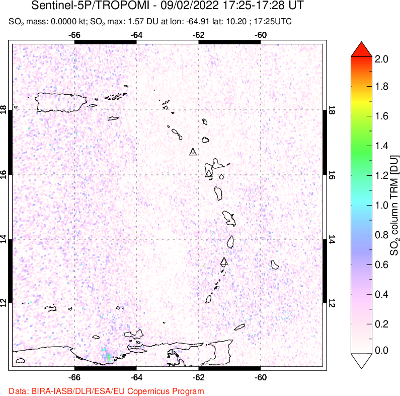 A sulfur dioxide image over Montserrat, West Indies on Sep 02, 2022.