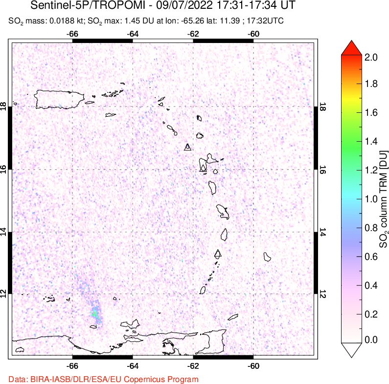 A sulfur dioxide image over Montserrat, West Indies on Sep 07, 2022.