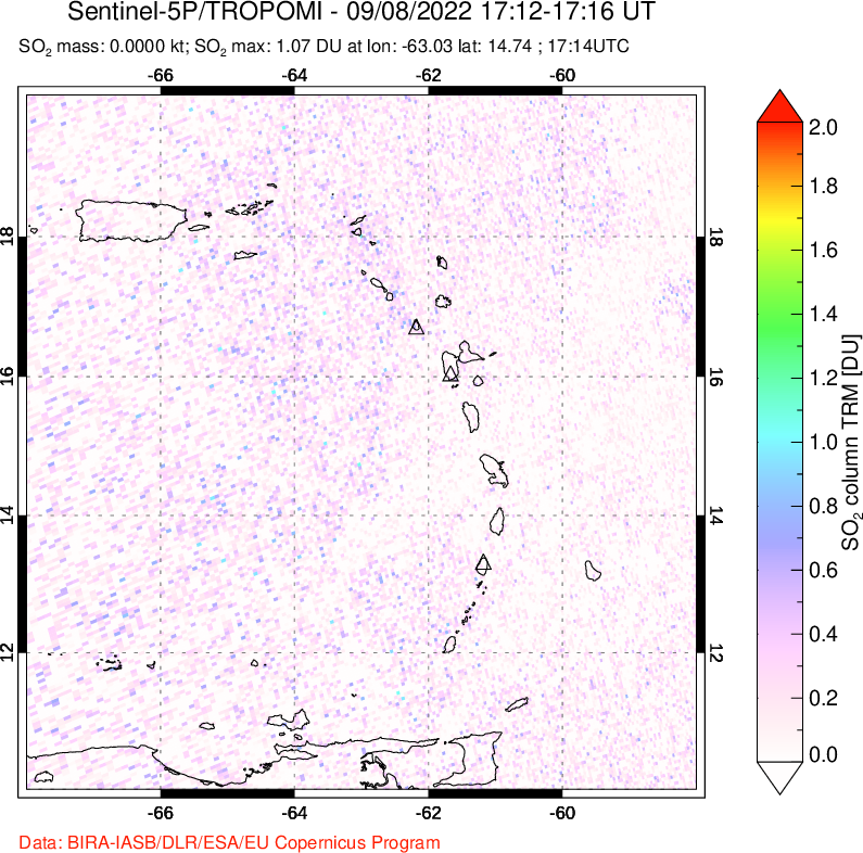 A sulfur dioxide image over Montserrat, West Indies on Sep 08, 2022.