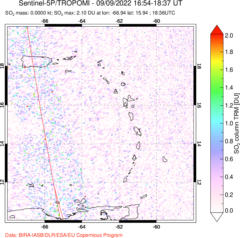 A sulfur dioxide image over Montserrat, West Indies on Sep 09, 2022.