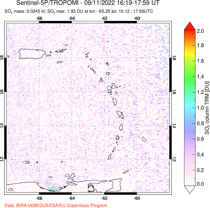 A sulfur dioxide image over Montserrat, West Indies on Sep 11, 2022.