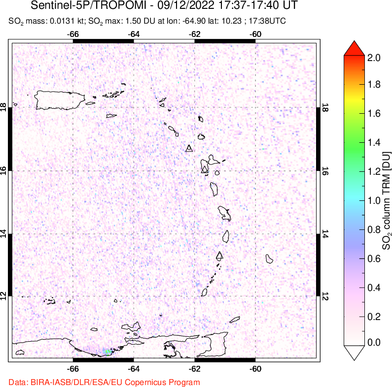 A sulfur dioxide image over Montserrat, West Indies on Sep 12, 2022.