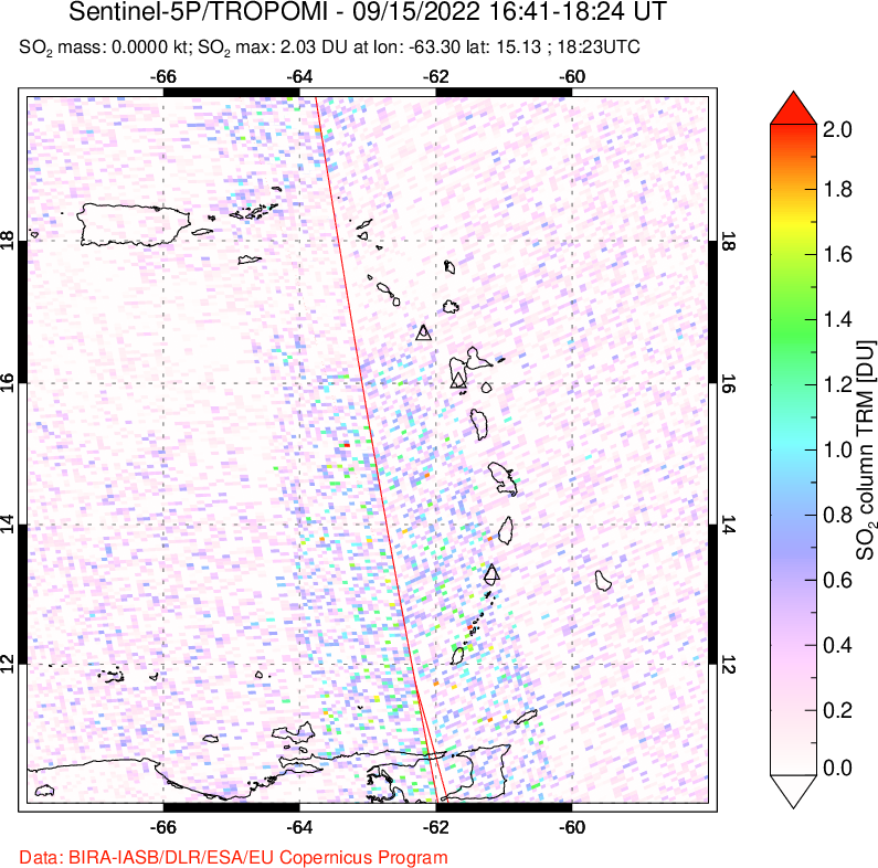 A sulfur dioxide image over Montserrat, West Indies on Sep 15, 2022.