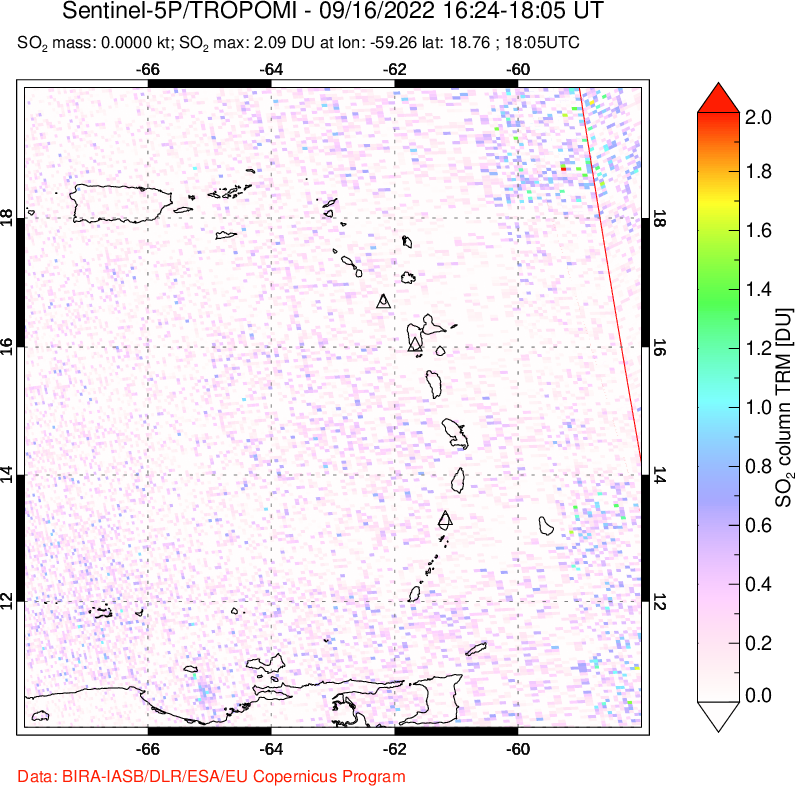 A sulfur dioxide image over Montserrat, West Indies on Sep 16, 2022.