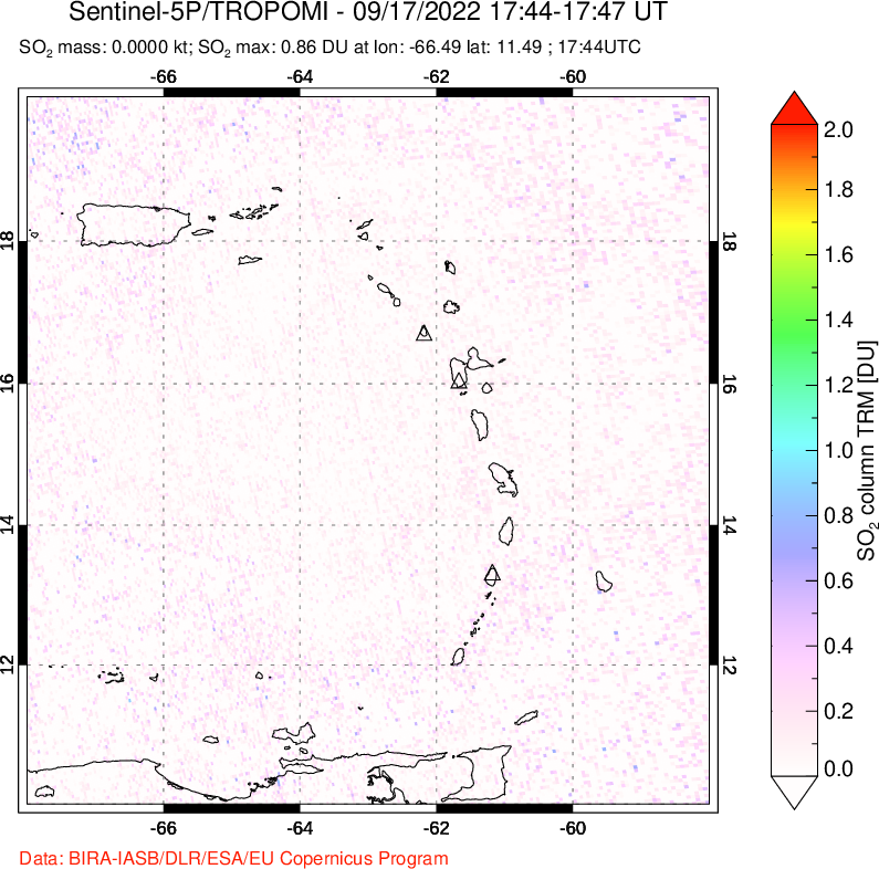 A sulfur dioxide image over Montserrat, West Indies on Sep 17, 2022.
