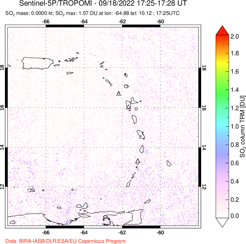A sulfur dioxide image over Montserrat, West Indies on Sep 18, 2022.