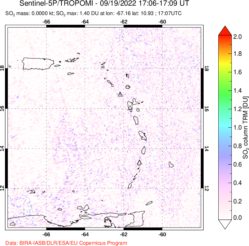 A sulfur dioxide image over Montserrat, West Indies on Sep 19, 2022.