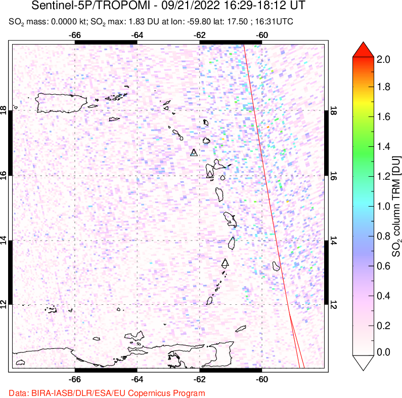 A sulfur dioxide image over Montserrat, West Indies on Sep 21, 2022.